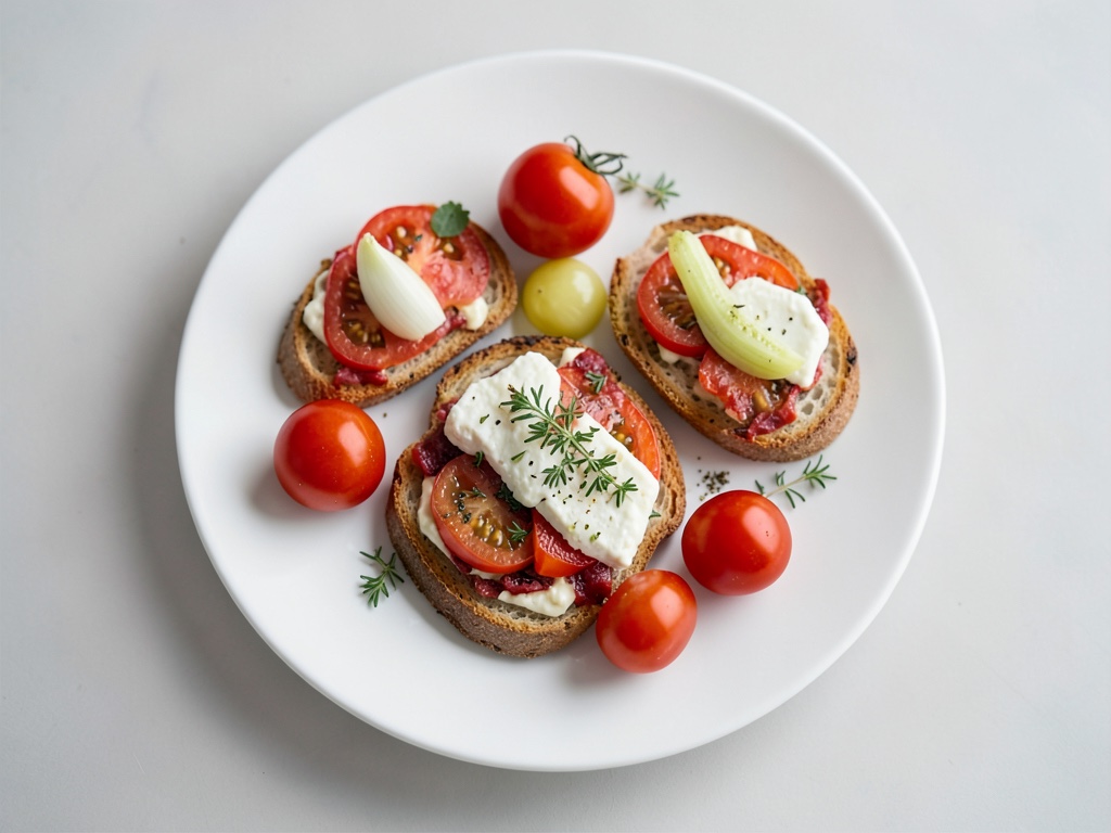 Fette Tomatenscheiben mit knusprigem Ziegenkäse-Brot