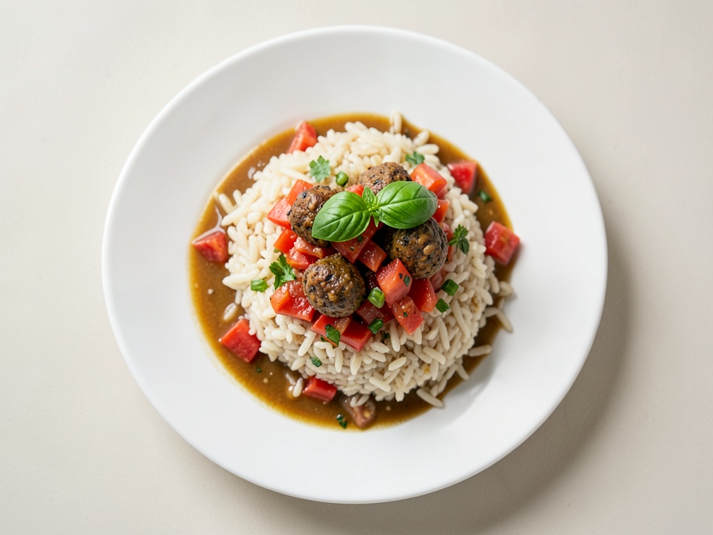 Riso al pomodoro con polpettine di erbe e carne macinata