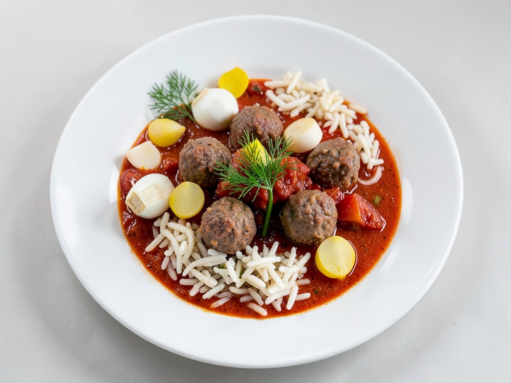 Sopa de arroz con tomate y albóndigas de carne frita