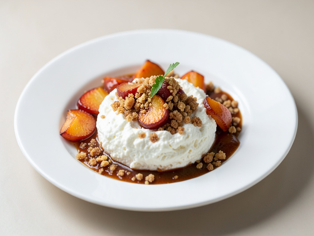 Zarte Topfencreme mit karamellisierten Aprikosen und Waffelstückchen