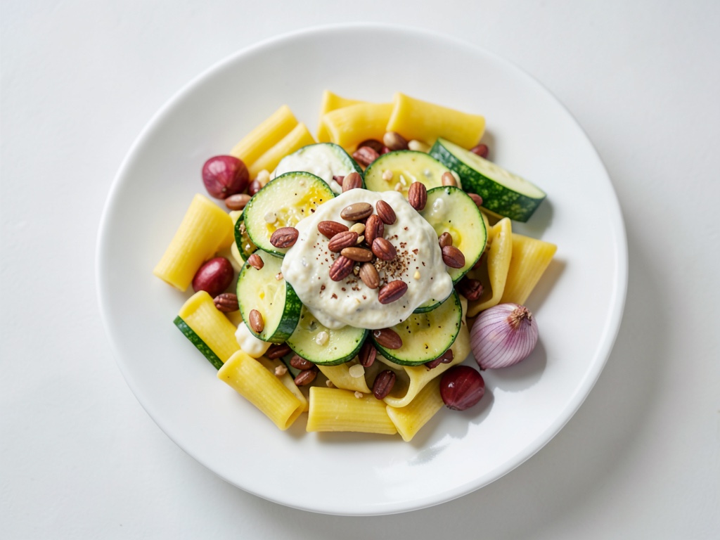 Padella di tortellini e zucchine con dip al limone e semi tostati