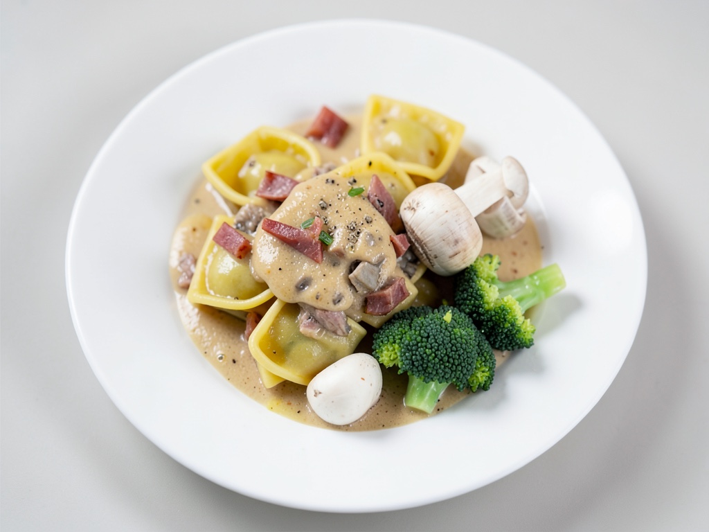 Cremige Tortelloni mit Pilzen, Schinken und Brokkoli