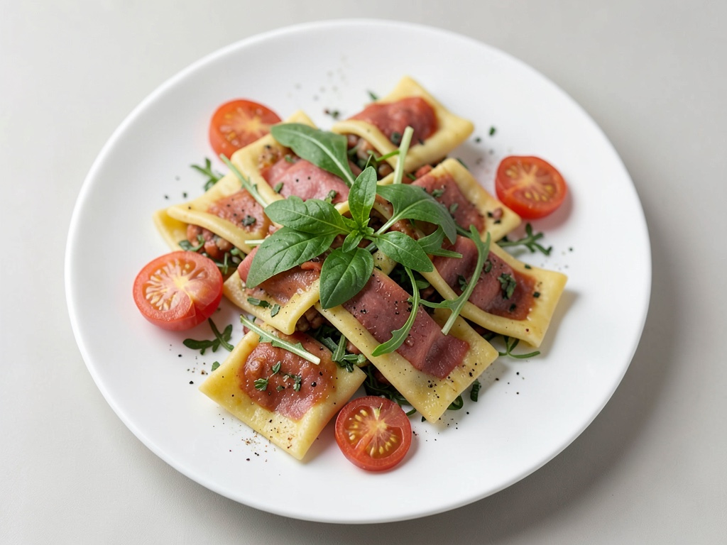 Knuspriger Schinken mit Tortelloni und Rucola