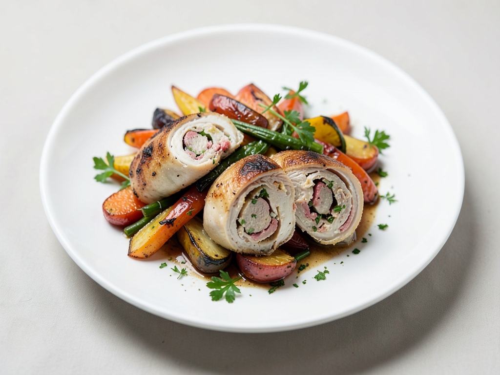 Verdure al forno con petti di pollo farcito