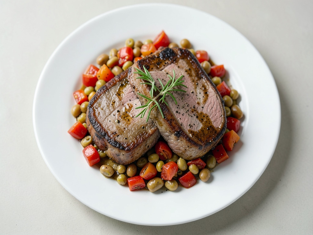 Filetto di maiale al forno con verdure di pomodori e fagioli