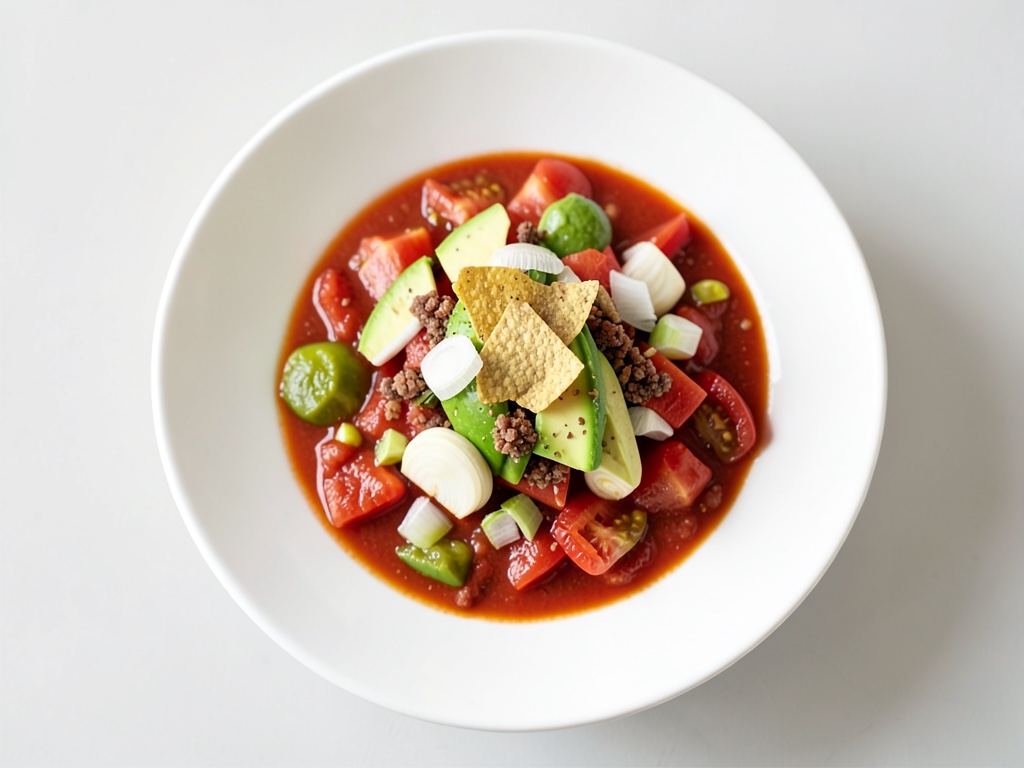 Sopa de tomate gratinada con aguacate y chips de tortilla