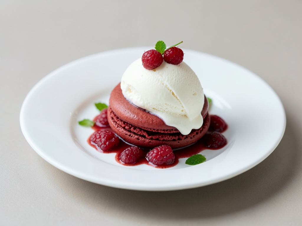 Macaron ai lamponi con gelato alla vaniglia e panna all'uovo Sansibar alla vaniglia
