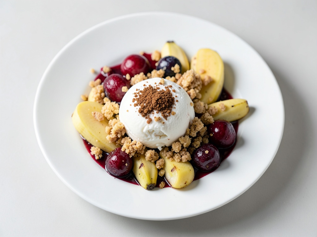 Gelato alla vaniglia con croccante crumble d'avena su banane e more