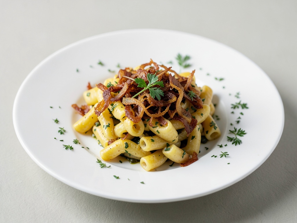 Maccheroni vegani delle Alpi con cipolle fritte