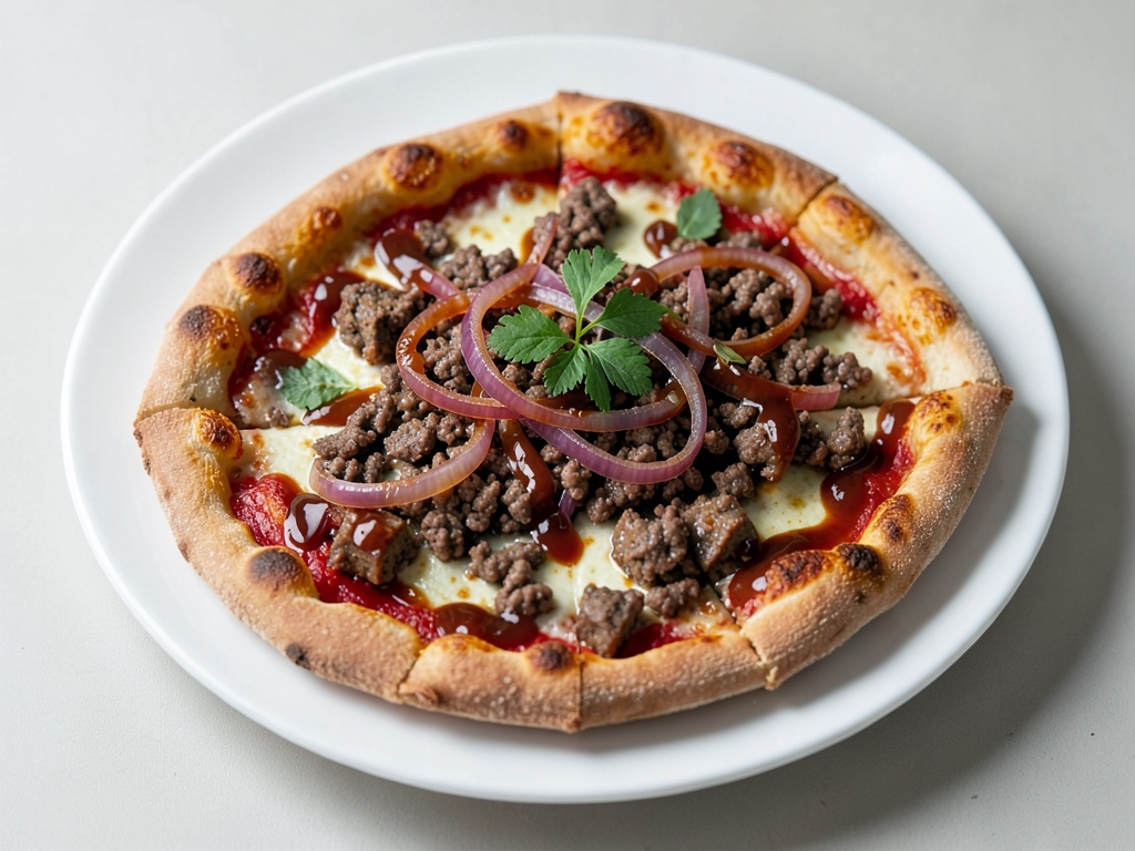 Pizza vegana BBQ con tofu affumicato, 'carne' trita, cipolle rosse e salsa BBQ