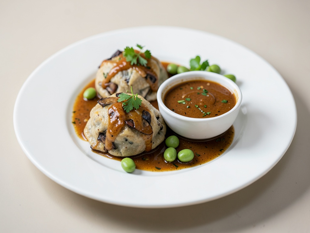Baozi veganos: Bolsas de tofu y champiñones con salsa de soja dulce y edamame