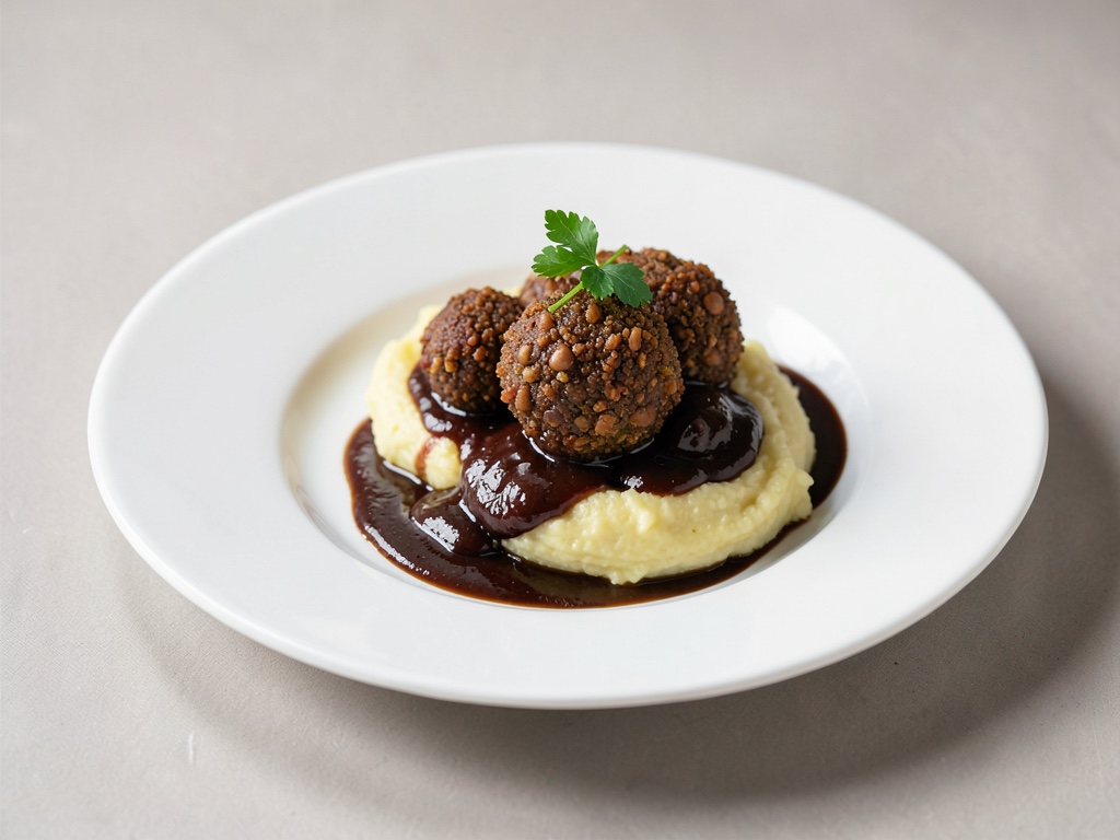 Polpette di fagioli vegane croccanti con purè di patate cremoso e salsa scura