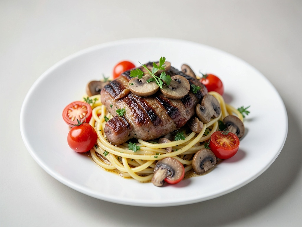Padella vegana di salsiccia e spätzle con funghi champignon e pomodorini