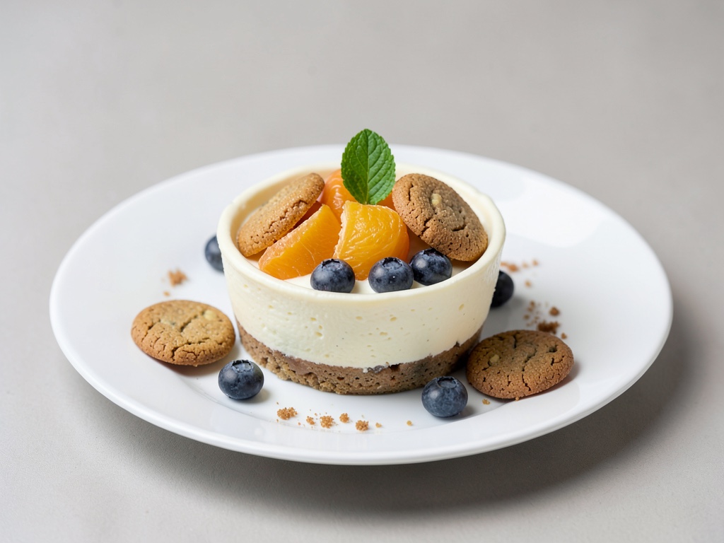 Vegane Cheesecake-Bowl mit Mandarine, Heidelbeeren und Cookies