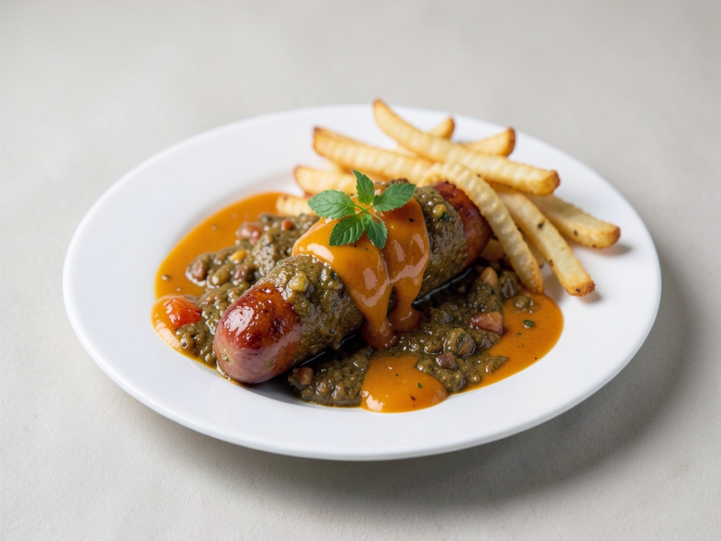 Vegana Currywurst con salsa Cola-Arancia e Curly Fries