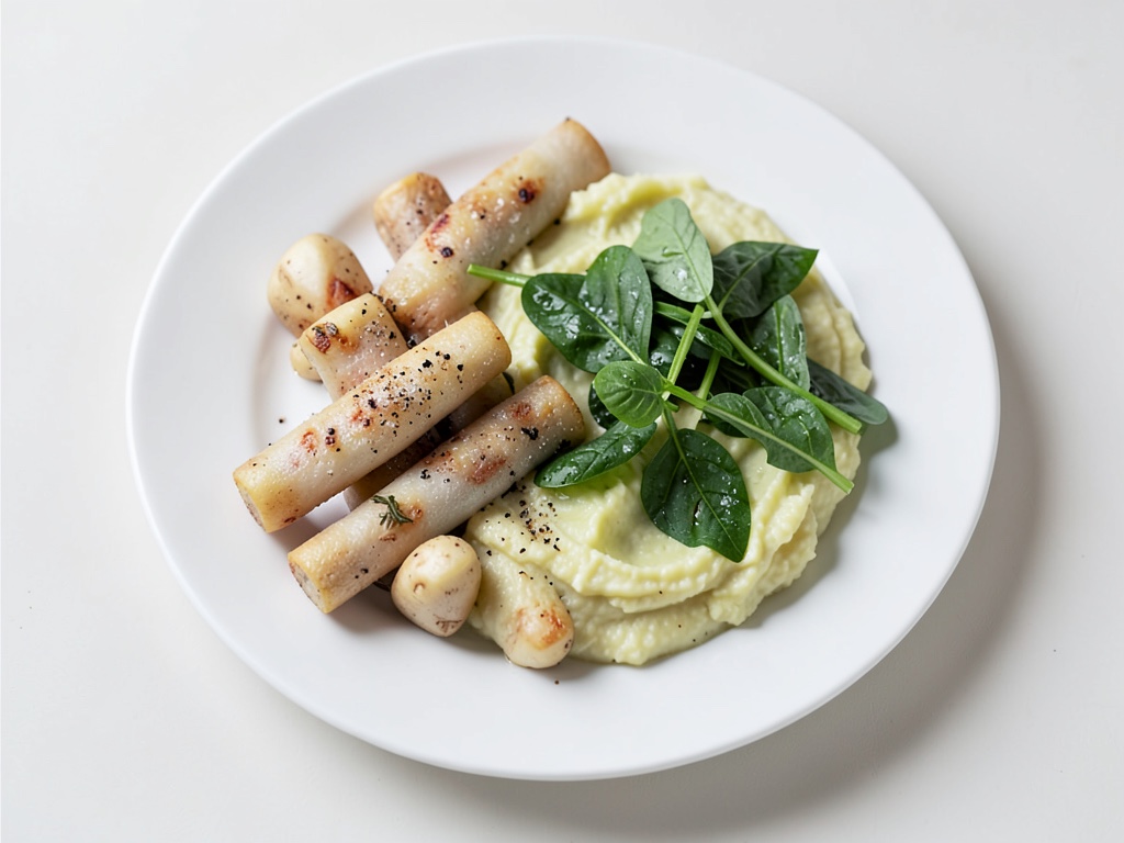 Stick di pesce vegani con purè di patate e spinaci