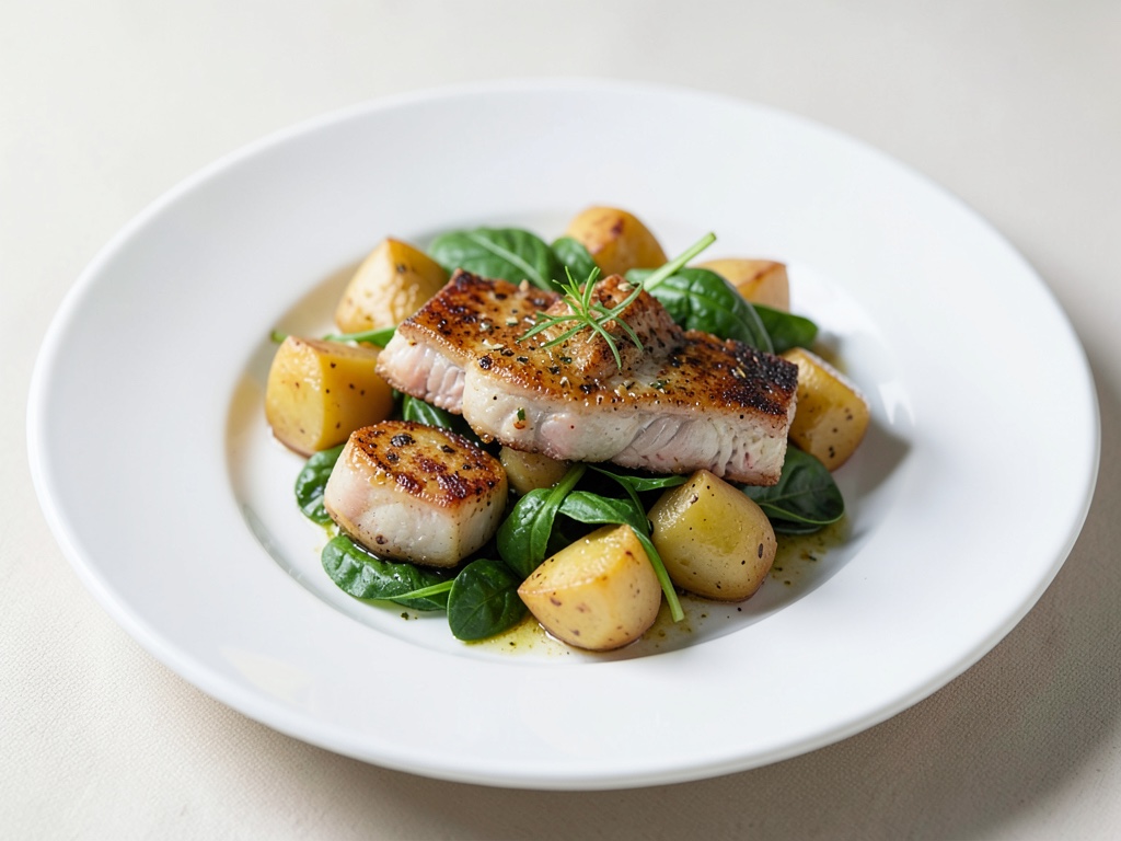 Bastoncini di pesce vegani con purè di patate al rafano e spinaci