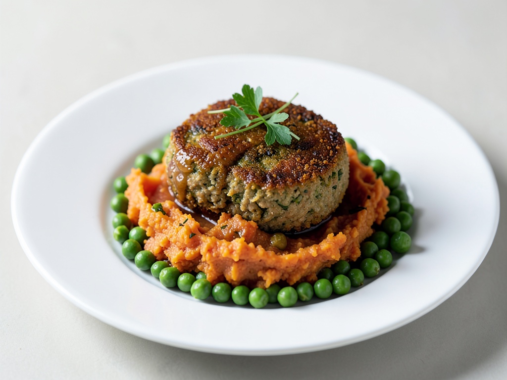 Polpette vegane con purè di patate dolci e piselli saltati