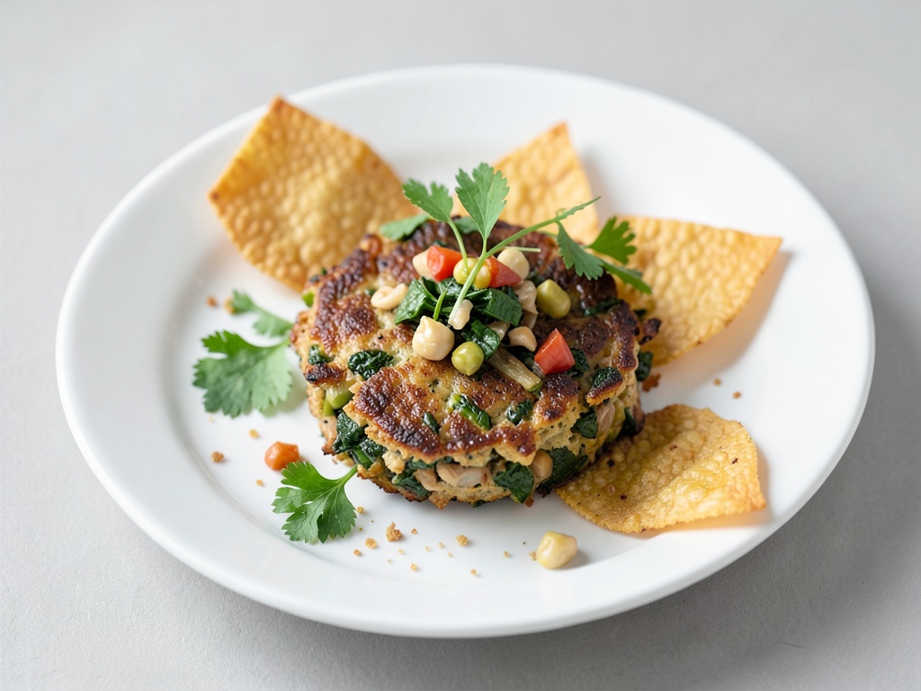 Padella vegana di verdure e polpette con chips di tortilla croccanti
