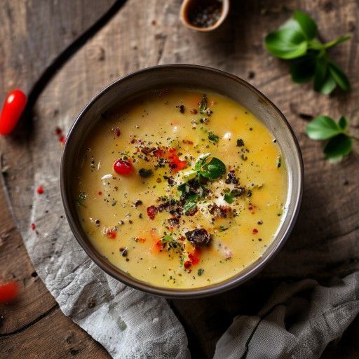 Sopa cremosa de puerro con carne vegetal picada