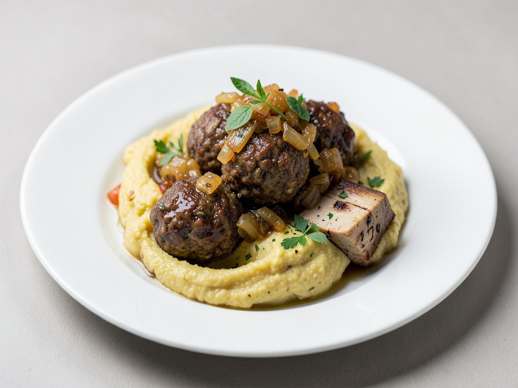 Polpette vegane con crauti alla mela, purè di patate al senfo e tofu affumicato