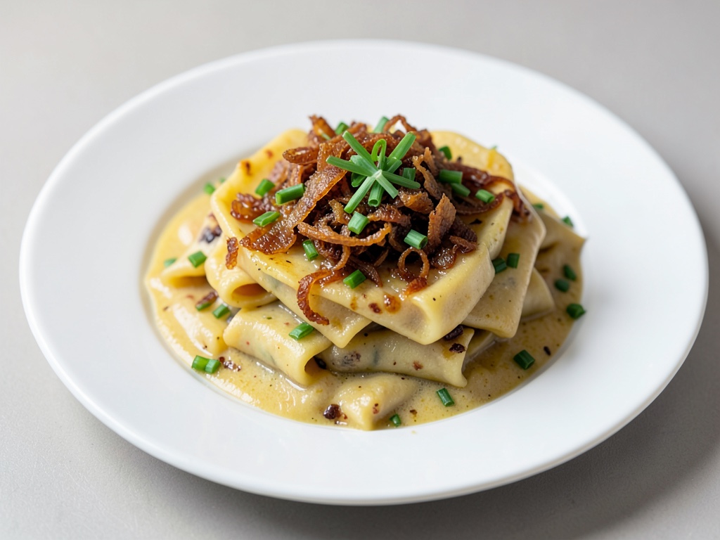 Spätzle vegani al formaggio con cipolle fritte e erba cipollina