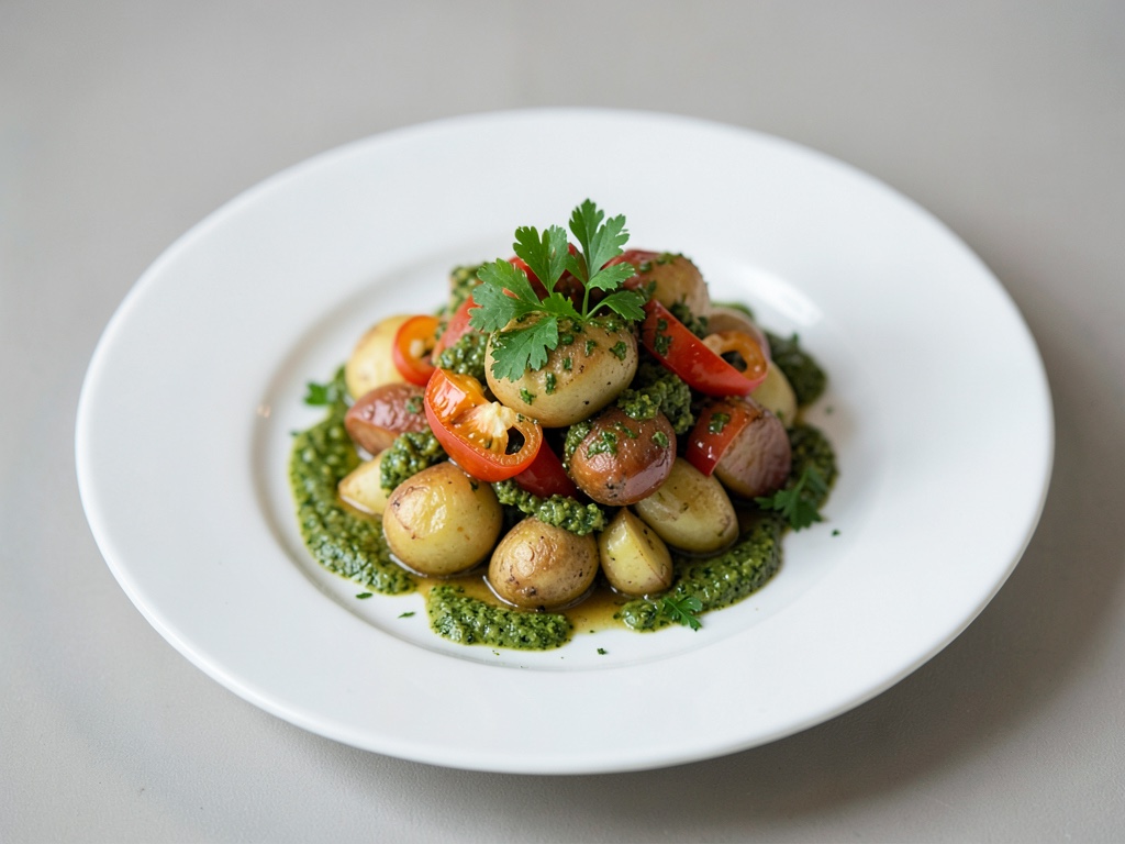 Padella vegana di patate e verdure alla toscana con peperoni e pesto di prezzemolo