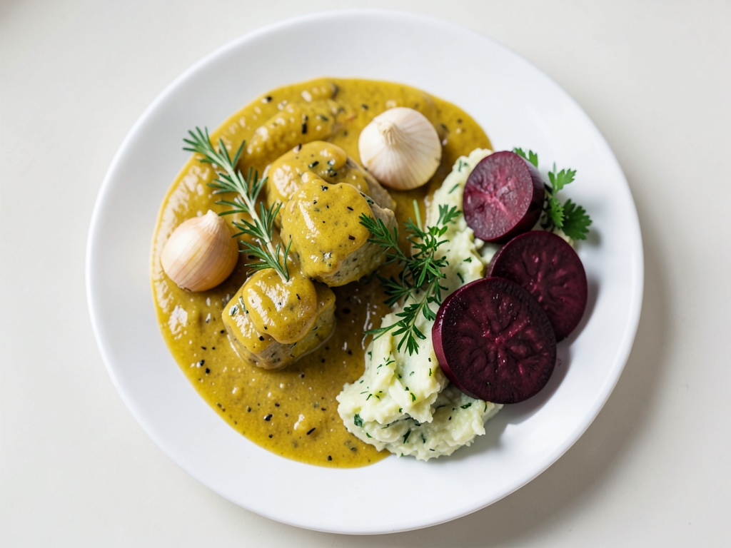 Polpette vegane alla Königsberger con salsa al limone e capperi, purè di patate al prezzemolo e barbabietola ripiena