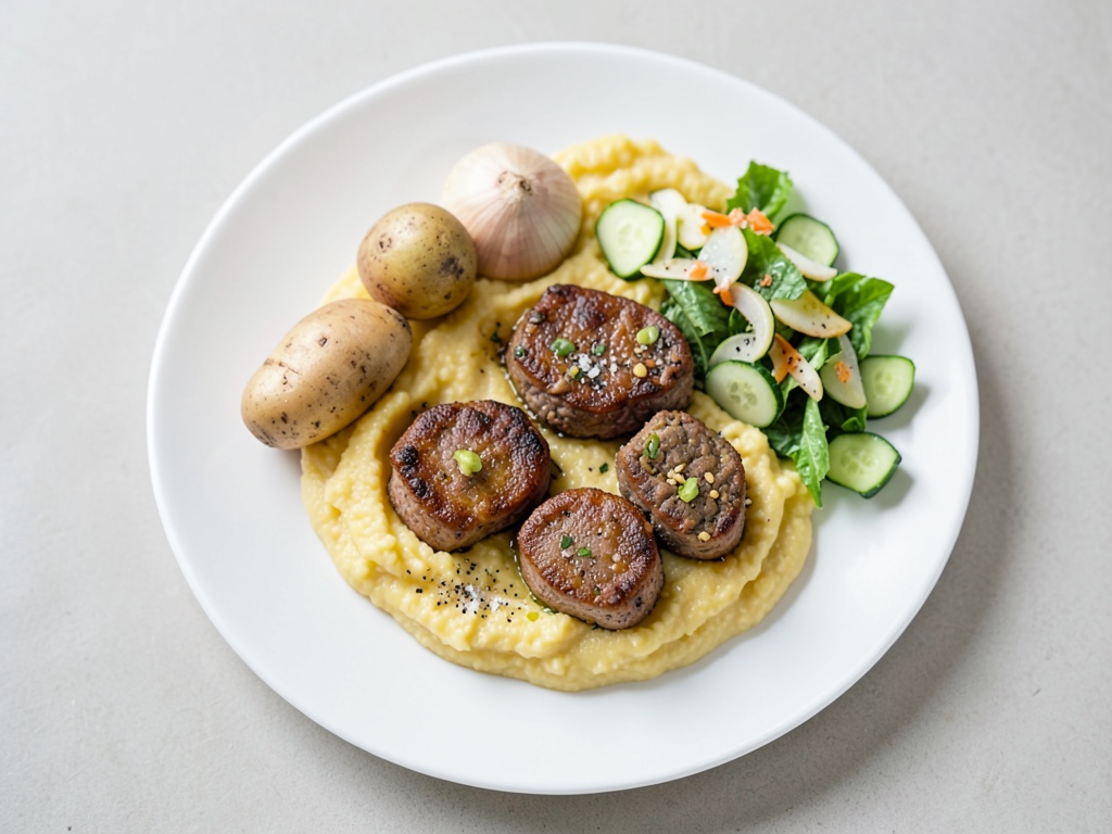 Polpette svedesi vegane con purè di patate e insalata di cetrioli