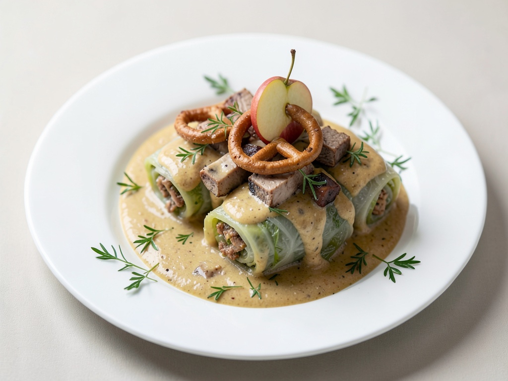 Rouleaux de chou végans au tofu fumé, bretzels et pommes dans une sauce à la moutarde crémeuse
