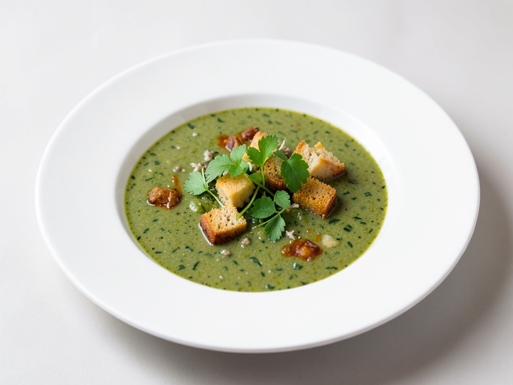 Sopa vegana de hierbas con ajo silvestre y crutones de ajo