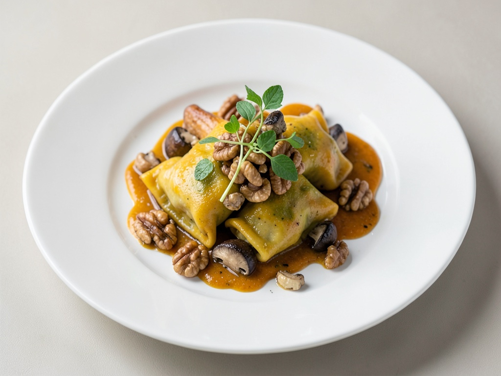 Padella vegana di zucca con maultasche, funghi e noci