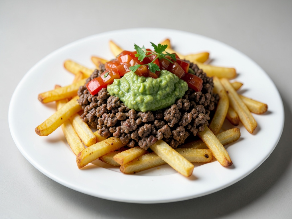 Patate fritte cariche vegane con 'carne' macinata, guacamole e salsa