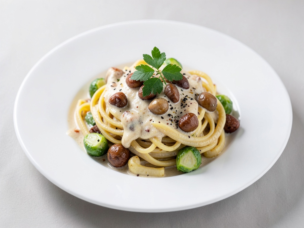 Cremige Pasta mit Maronen und Rosenkohl