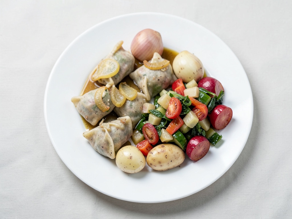 Maultaschen vegane con insalata di patate e cetrioli alla sveva e cipolle caramellate