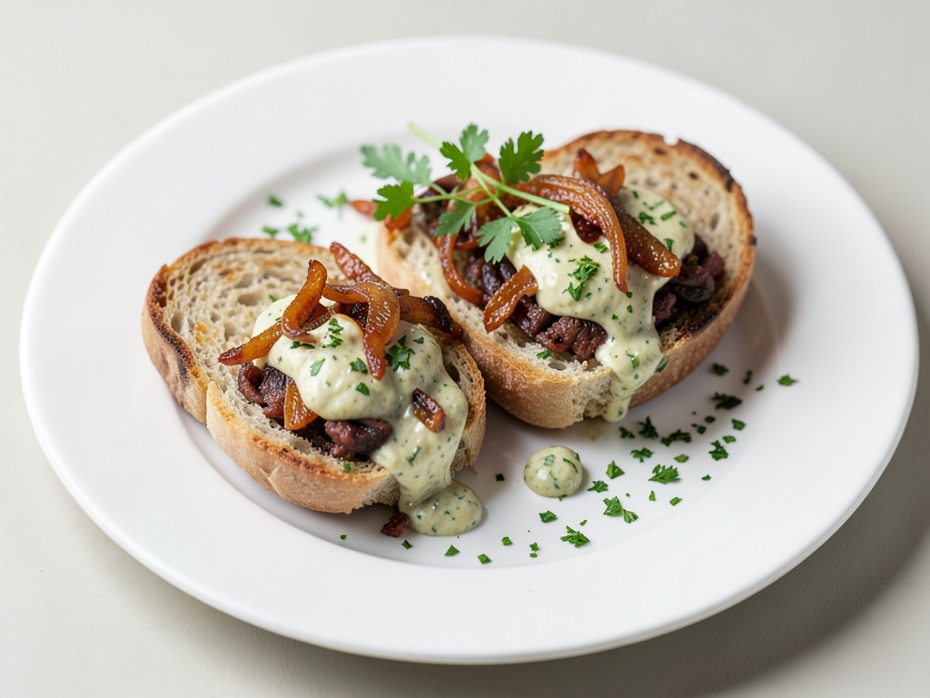 Sándwiches veganos de Maultaschen con cebolas caramelizadas y mayonesa de hierbas