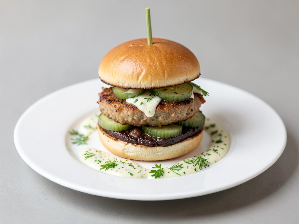 Vegane Mini-Schnitzel-Burger mit Gurke und Senf-Dill-Sauce