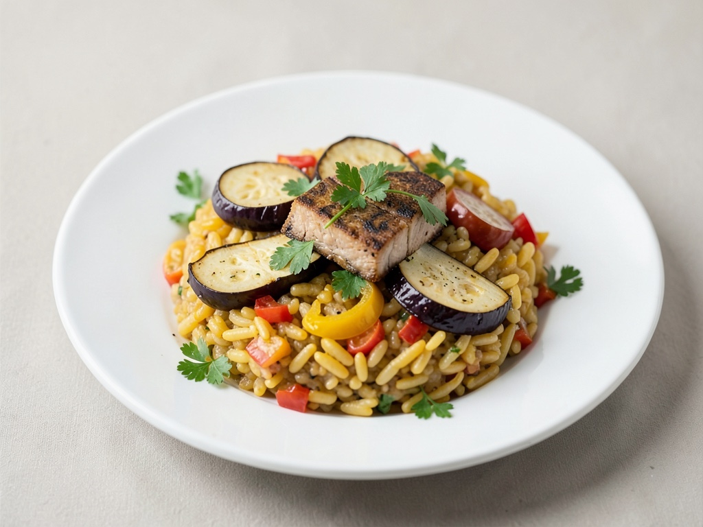 Paella végane au tofu fumé, aubergine et poivrons