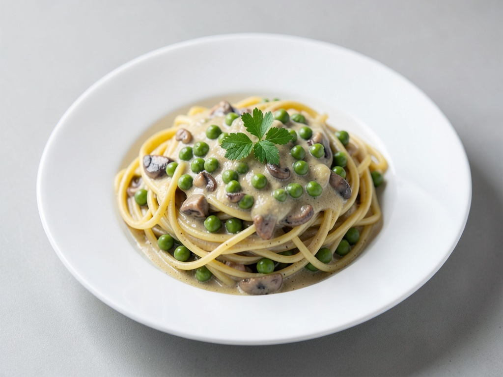 Vegane Spaghetti mit cremiger Erbsen-Pilz-Sauce