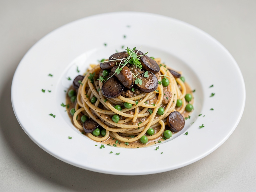 Vegane Spaghetti mit Pfifferlingen und Erbsen