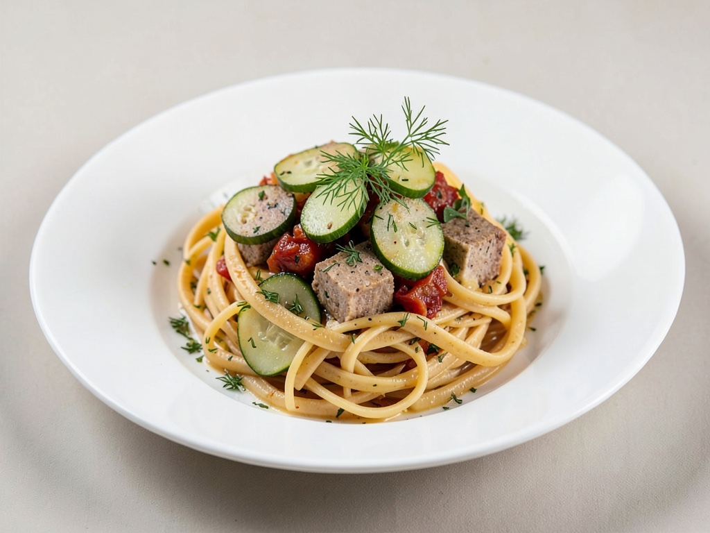 Vegane Pasta mit Räuchertofu, Gurke und Dill