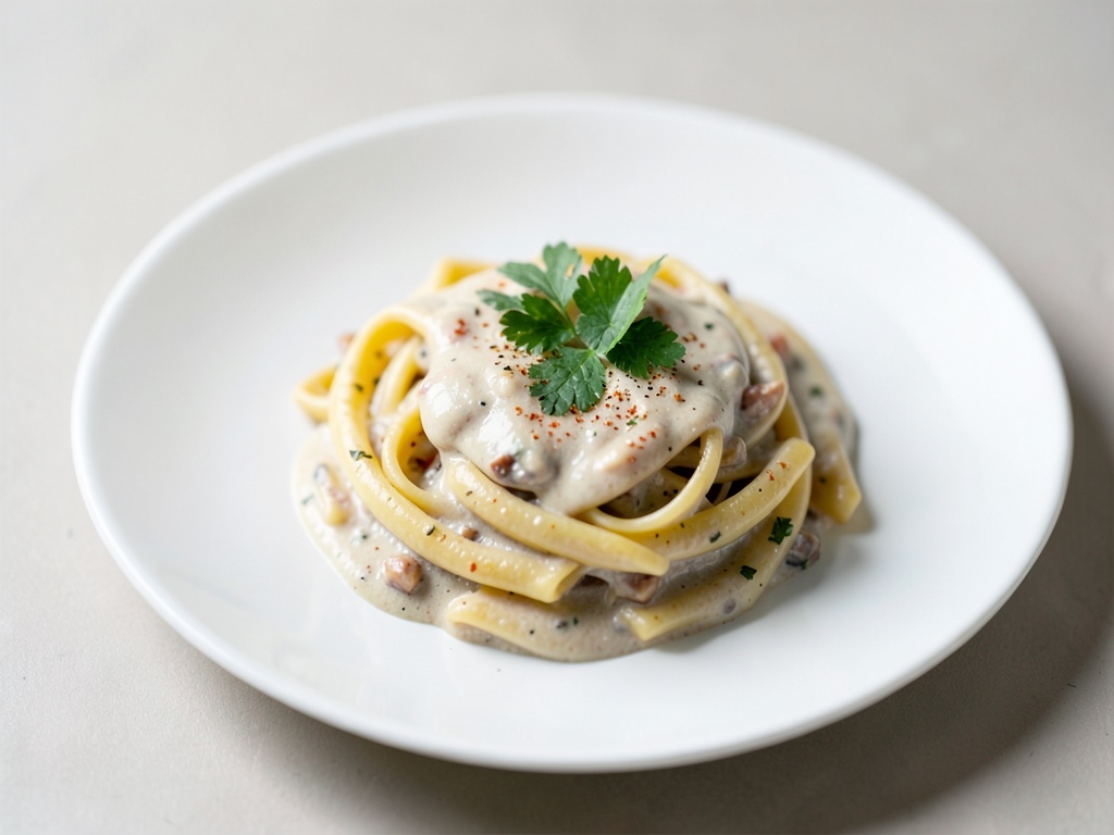 Cremige vegane Pasta mit weißem Ragu