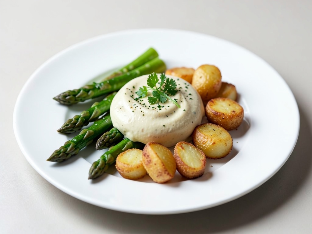 Olandese vegana con asparagi e patate fritte