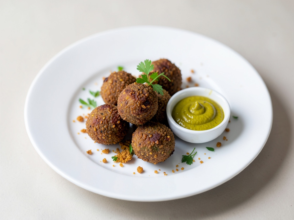 Bolitas veganas crujientes con salsa de mostaza