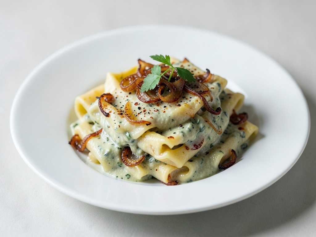 Spätzle vegani cremosi con cipolle caramellate