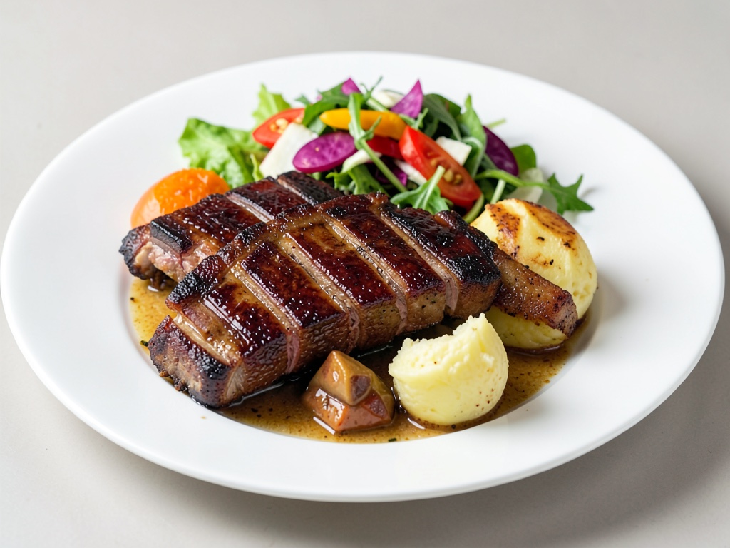 Costine vegane con insalata fruttata e patate schiacciate