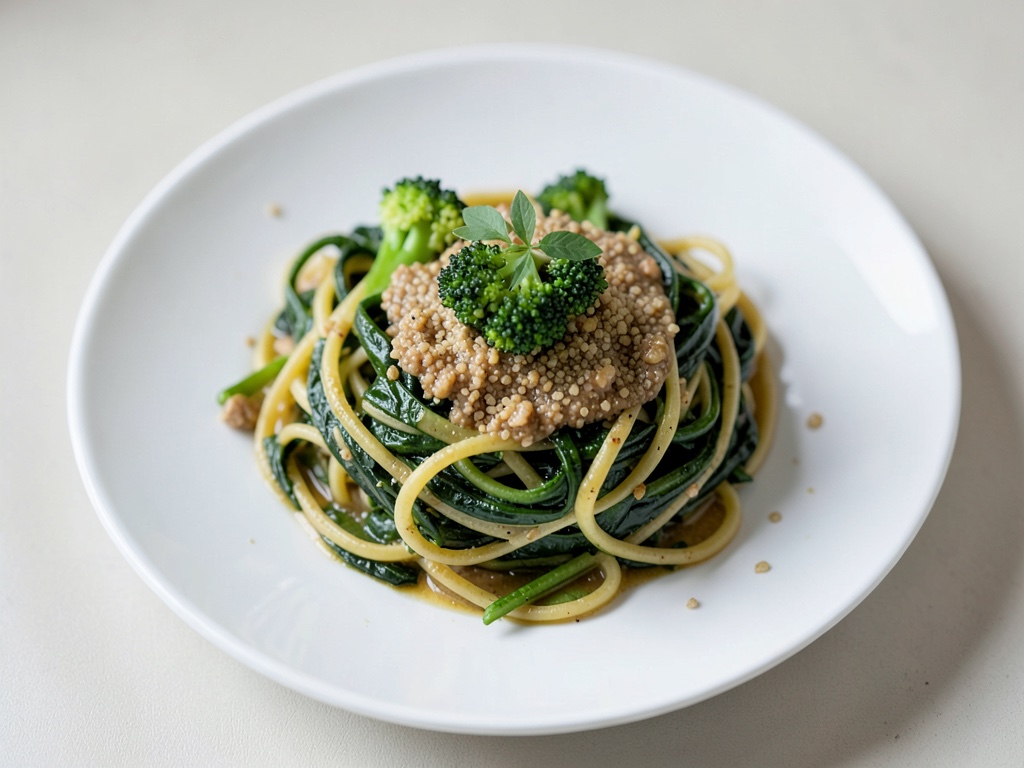 Vegane Nudeln mit Spinat, Brokkoli und Sesam-Dip