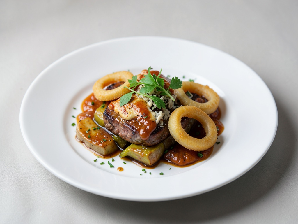 Plato de tapas veganas con aros de cebolla