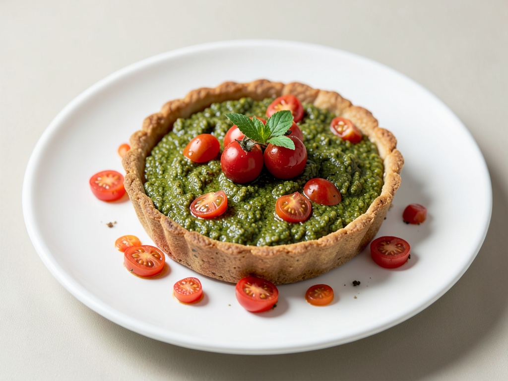 Torta rustica vegana al pesto verde e pomodorini colorati
