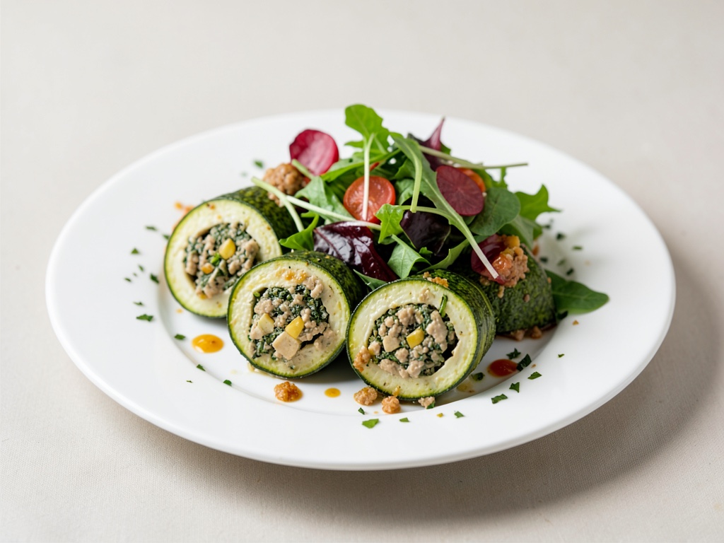 Vegane Zucchini-Röllchen mit Tofu-Spinat-Füllung und Salat